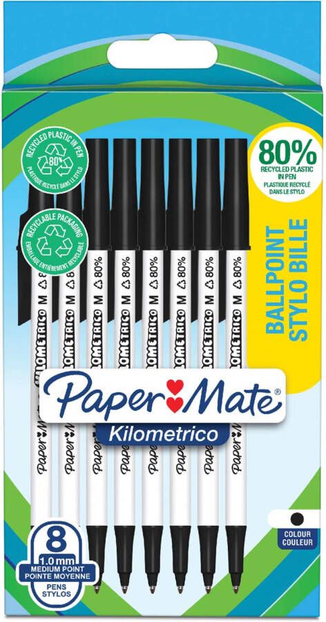 Paper Mate Balpen Kilometrico Recycled medium zwart blister Ã  8 stuks