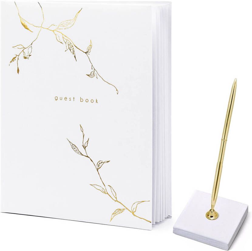 Partydeco Gastenboek receptieboek met luxe pen in houder Bruiloft wit goud 20 x 24 5 cm Gastenboeken