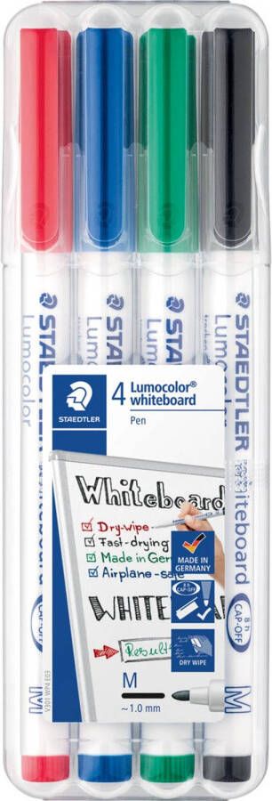 Staedtler whiteboard pen Lumocolor Pen opstelbare box met 4 stuks in geassorteerde kleuren 10 stuks