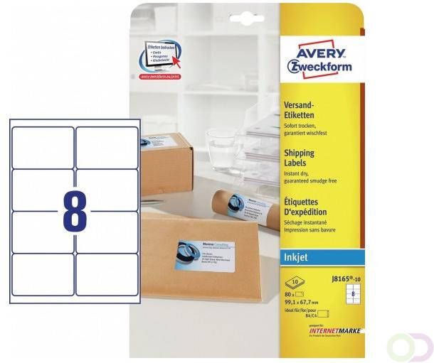 Avery Witte etiketten QuickDry doos van 10 blad ft 99 1 x 67 7 mm (b x h) 80 stuks 8 per blad Met ...