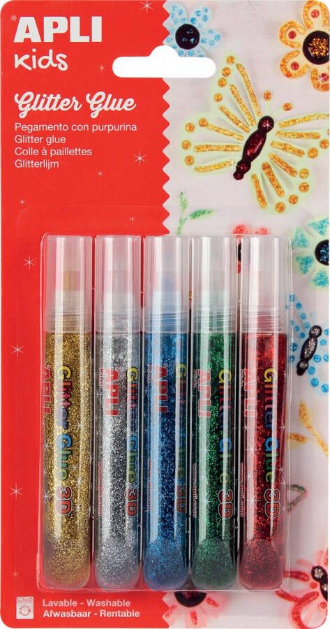 Apli Kids glitterlijm blister met 5 tubes van 13 ml in geassorteerde metallic kleuren