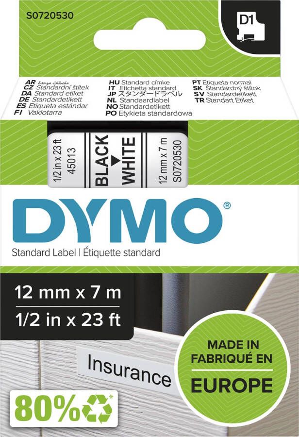 Dymo D1 tape 12 mm zwart op wit