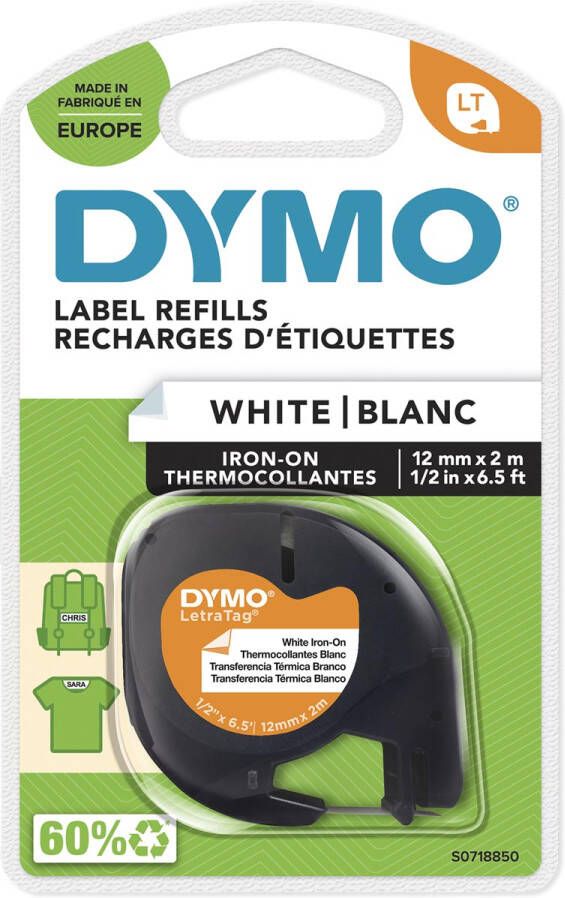 Dymo Labeltape Letratag 18769 strijkbaar 12mm zwart op wit