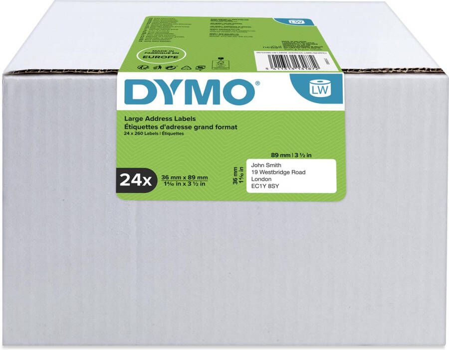 Dymo Value Pack: etiketten LabelWriter ft 89 x 36 mm wit doos van 24 x 260 etiketten