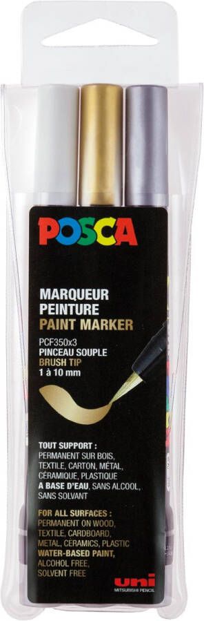 Posca paintmarker PCF-350 brush tip étui van 3 stuks assorti (goud zilver en wit)