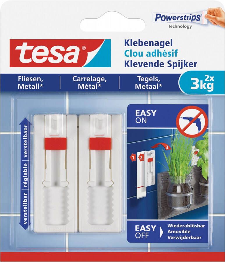 Tesa Klevende Spijker voor Tegels en Metaal verstelbaar draagvermogen 3 kg blister van 2 stuks